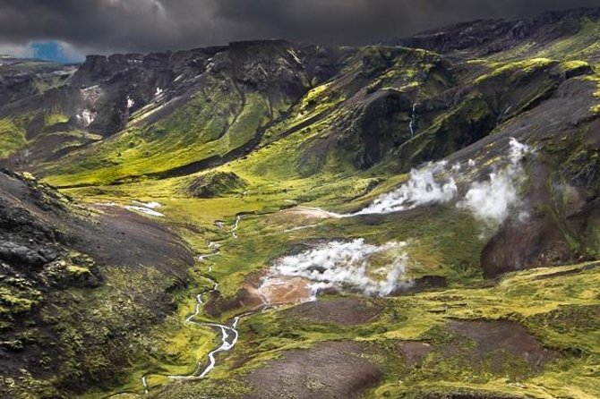 Helicopter Flight Over Geothermal Landscapes from Reykjavik - Craters, lava fields, and the Hengill area