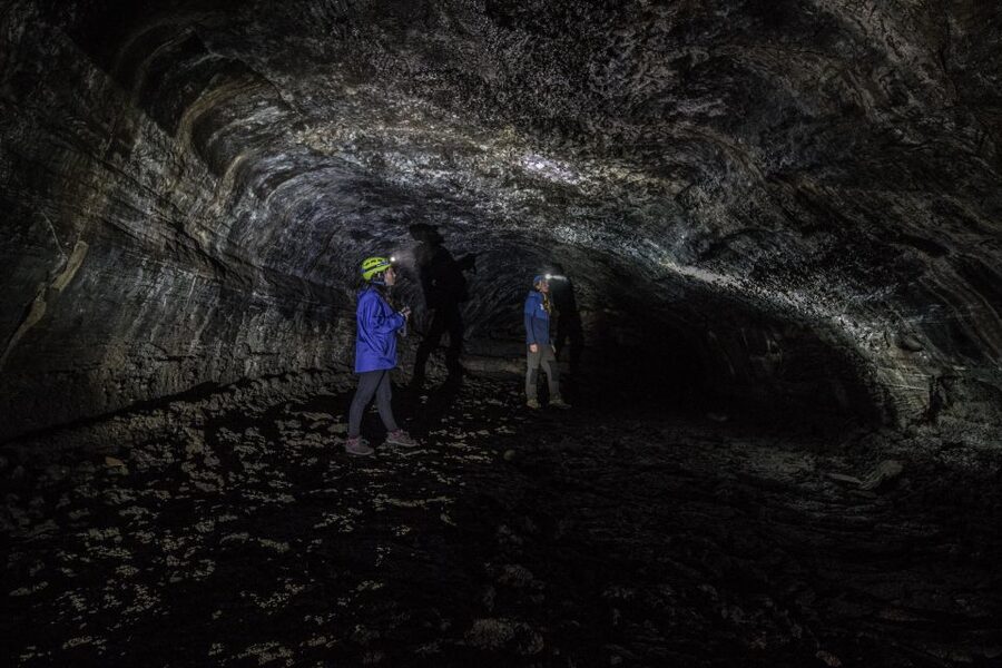 Leidarendi Cave: Lava Tunnel Caving from Reykjavik - Helmet lights reveal a pitch-black tube
