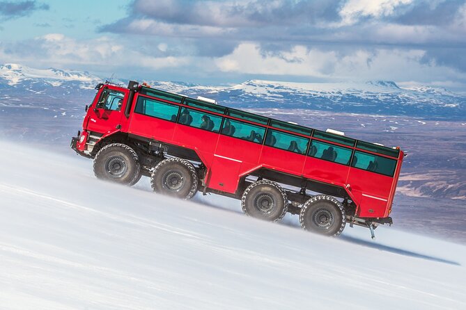 Red Glacier Monster Truck on Langjokull Glacier from Gulfoss - Sledding and glacier golf