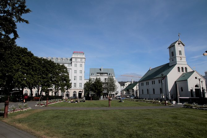 Walking tour of Reykjavik city - The National Theatre adds an architectural pause